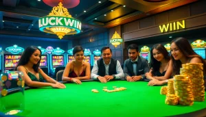 Players strategize at a poker table in the vibrant, exciting LUCKYWIN casino scene, showcasing the thrill of gambling.