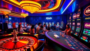 Excited players enjoying games in a luxurious online casino featuring 33win branding.