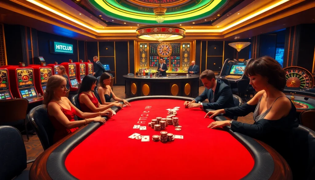 Exciting HITCLUB poker action at a luxurious casino table with players and chips.
