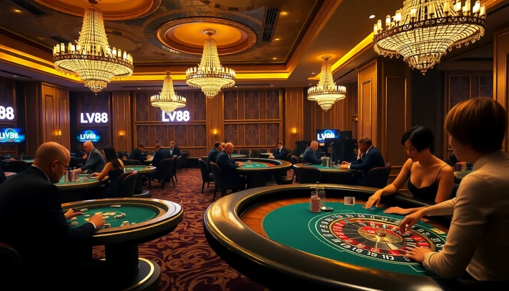 Experience the thrill of LV88 at a luxurious casino with poker and roulette tables.