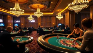 Experience the thrill of LV88 at a luxurious casino with poker and roulette tables.