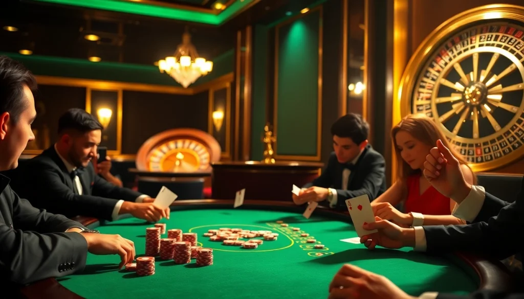 Engaging players experience the excitement of Man88 in a luxurious casino poker setting.
