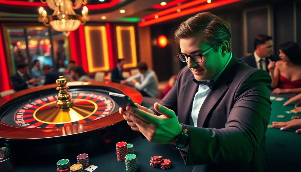 A professional gambler using the KX8 app on a smartphone surrounded by poker chips and a roulette wheel.