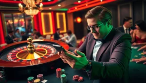 A professional gambler using the KX8 app on a smartphone surrounded by poker chips and a roulette wheel.