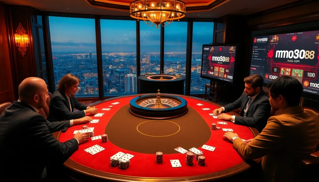 Play poker enthusiastically at mmoo88.us.com with chips and cards in a luxurious casino setting.