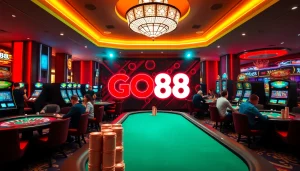 Engaging gameplay scene at GO88 casino with poker tables and vibrant lights.