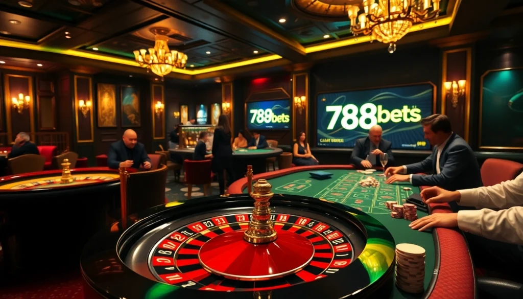 Engaging scene at a 789bets casino with roulette, poker chips, and high-stakes games.