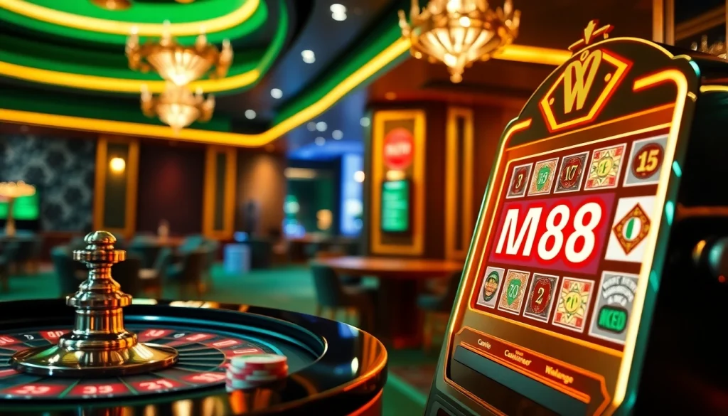 Engaging scene of online gambling showcasing MM88's professional casino atmosphere with roulette and slot machines.