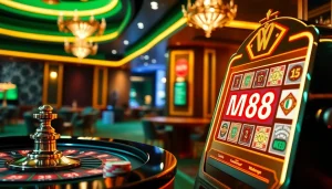 Engaging scene of online gambling showcasing MM88's professional casino atmosphere with roulette and slot machines.