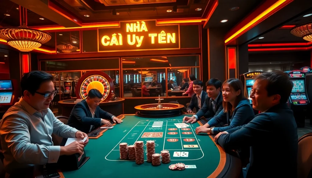 Engaging scene of players enjoying games at Nhà Cái Uy Tín casino, featuring vibrant tables and lively atmosphere.
