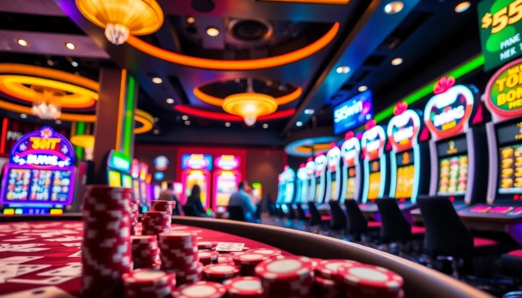Experience the thrill of gaming at 555win casino with vibrant slot machines and active tables.