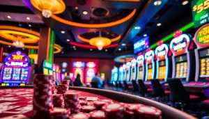 Experience the thrill of gaming at 555win casino with vibrant slot machines and active tables.