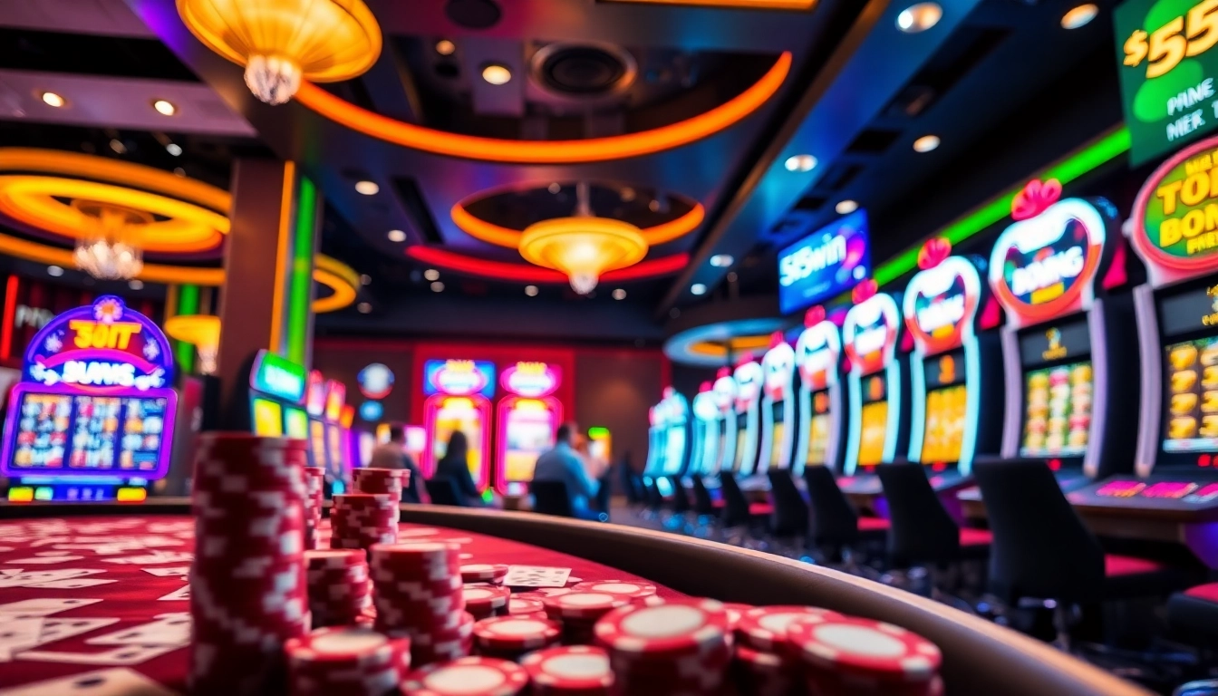Experience the thrill of gaming at 555win casino with vibrant slot machines and active tables.