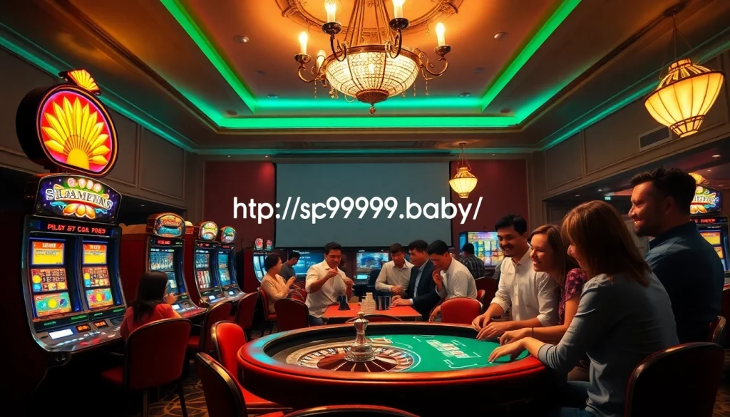 A vibrant casino scene featuring players at tables and slot machines, highlighting https://pg999.baby/ excitement.