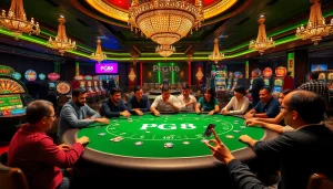 Players enjoying an exhilarating PG88 poker game at a luxury casino table with vibrant surroundings.