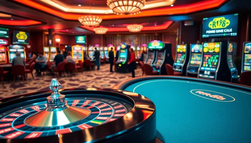 Players engage in thrilling games at RR88 casino, featuring roulette, poker, and slot machines.
