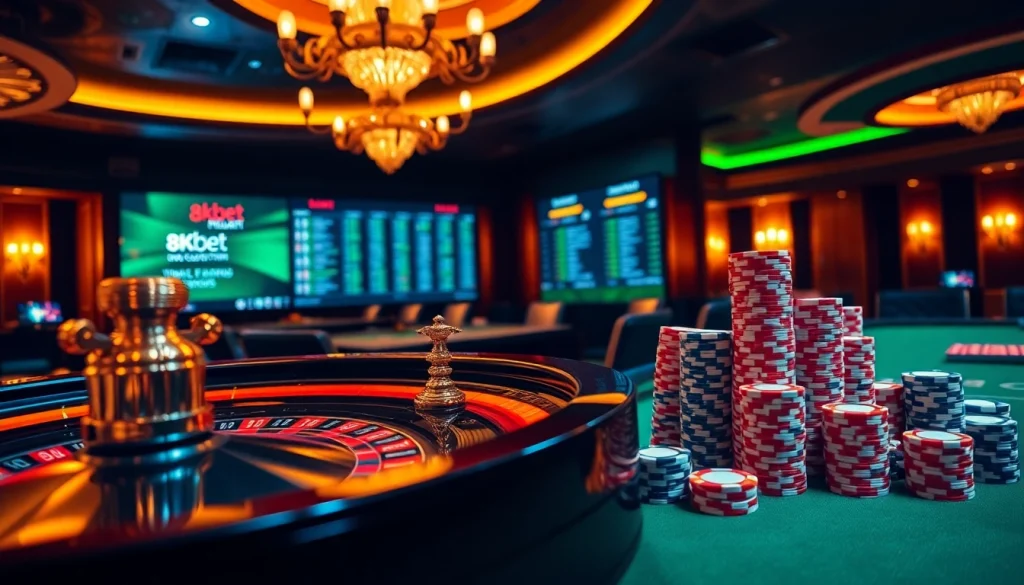 Experience the thrill of gambling at 8kbet with vibrant casino scenes and engaging gaming interfaces.