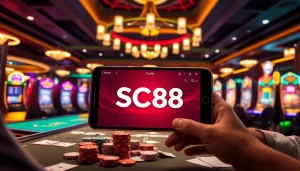 Engaging players using the SC88 App amidst a vibrant casino atmosphere with gaming tables and slot machines.