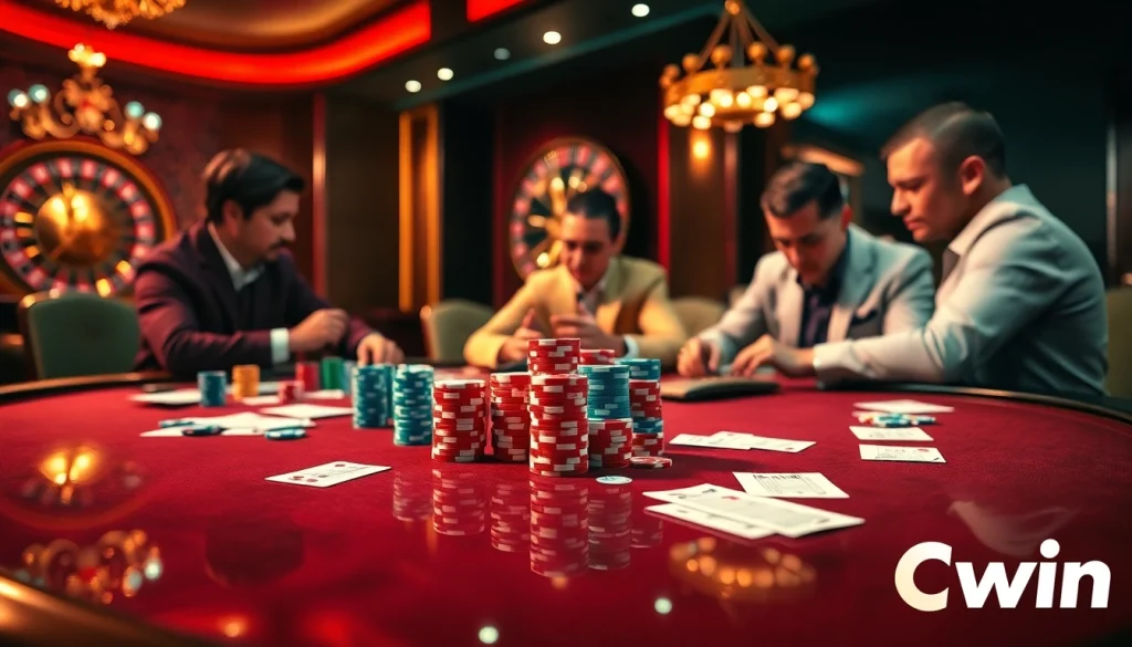 Cwin poker players strategizing at a luxurious table with vibrant chips and slips.