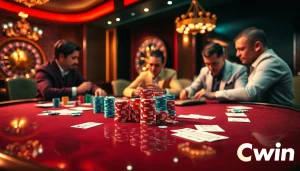 Cwin poker players strategizing at a luxurious table with vibrant chips and slips.