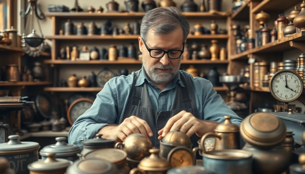 Zinn Ankauf: Aufmerksamer Händler untersucht antike Zinngegenstände in einem einladenden Geschäft.