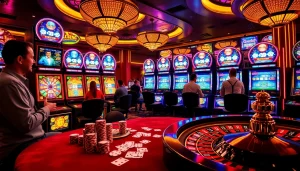 Engaging in IDN slot gaming action at a vibrant casino, filled with colorful machines and excitement.