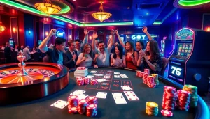 Enthusiastic gamblers enjoy a luxurious experience at the go8 casino with poker chips and roulette.