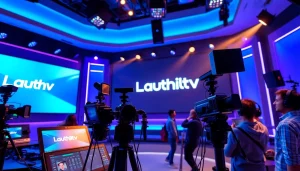Lauthaitv broadcasting studio featuring digital interfaces and vibrant lighting.