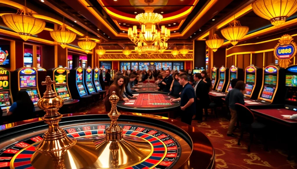 U888 Casino scene featuring vibrant casino tables, roulette wheels, and engaging gameplay.
