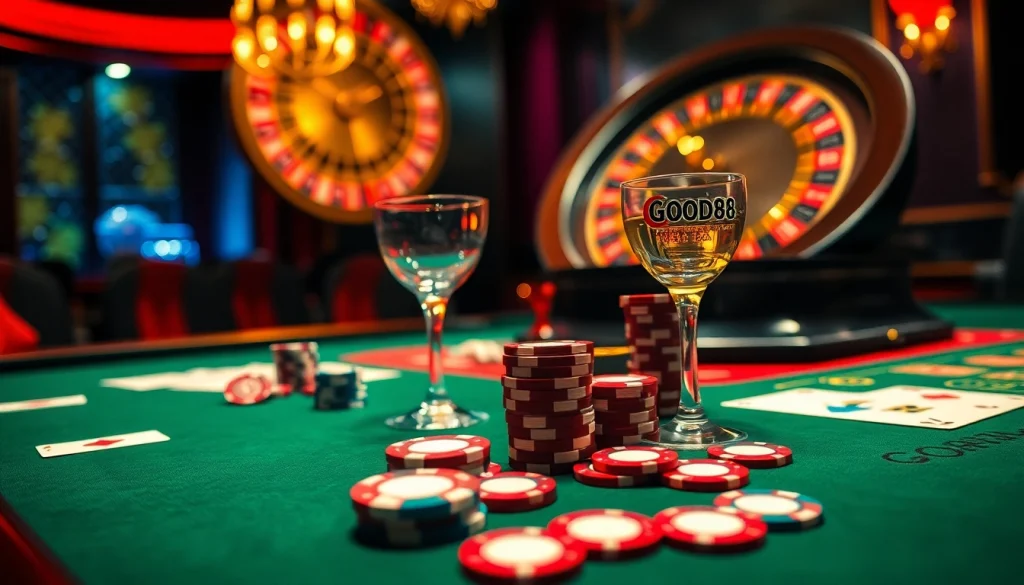 Experience the thrill of gambling with good88 at a luxurious poker table filled with colorful chips and cards.
