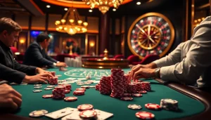 Gamblers enjoying high-stakes poker at https://99okwin.live with vibrant chips and cards.