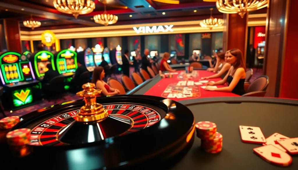 Winning at VMAX casino with elegant cards and vibrant roulette, showcasing luxury gambling.