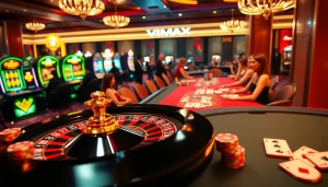 Winning at VMAX casino with elegant cards and vibrant roulette, showcasing luxury gambling.