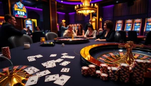 Players enjoying a luxurious casino atmosphere with S8-themed poker cards and a vibrant roulette wheel.