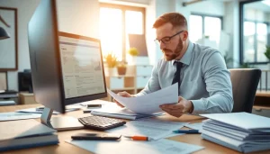 Engaging tax preparation consultation with a professional examining documents in a modern office.