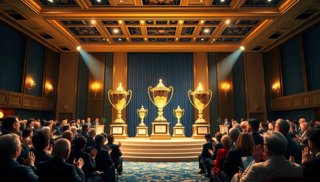Awards ceremony showcasing prestigious trophies on stage from https://www.awards.info/ to honor remarkable achievements.