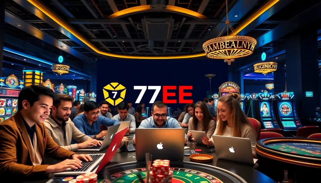 Excited players enjoying games on 77EE, showcasing a modern online casino environment.