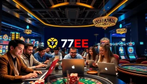 Excited players enjoying games on 77EE, showcasing a modern online casino environment.