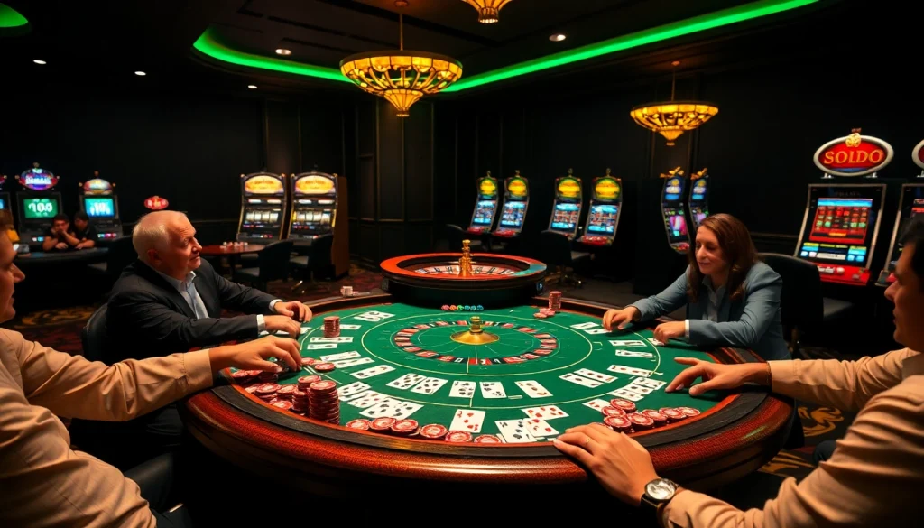 SODO-themed casino scene featuring a poker table with excited players and illuminated slot machines.
