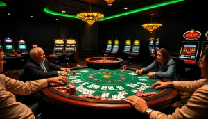 SODO-themed casino scene featuring a poker table with excited players and illuminated slot machines.