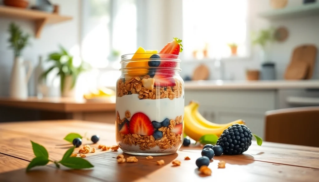 Enjoy a colorful mason jar breakfast with layered yogurt and fruits at https://masonjarbreakfast.com.