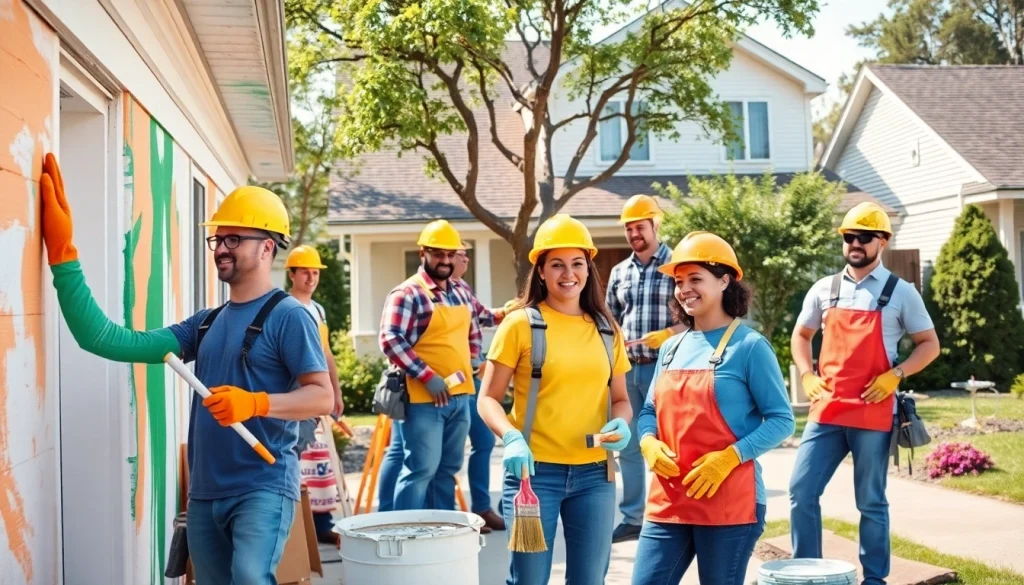 House painters collaborating on a suburban home project, showcasing teamwork and quality workmanship.