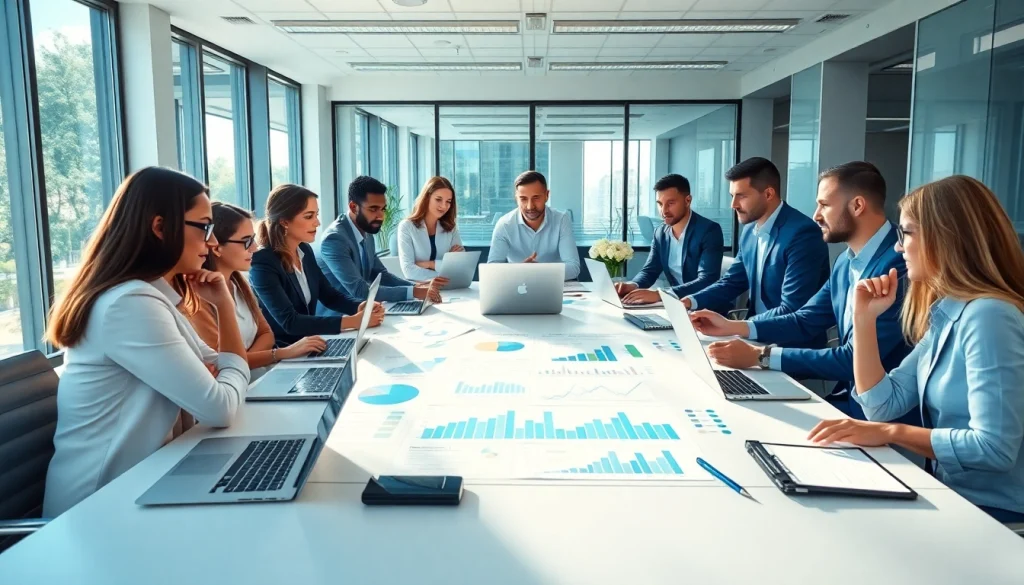 Illustration of professionals discussing business growth insights during a meeting in a modern office.