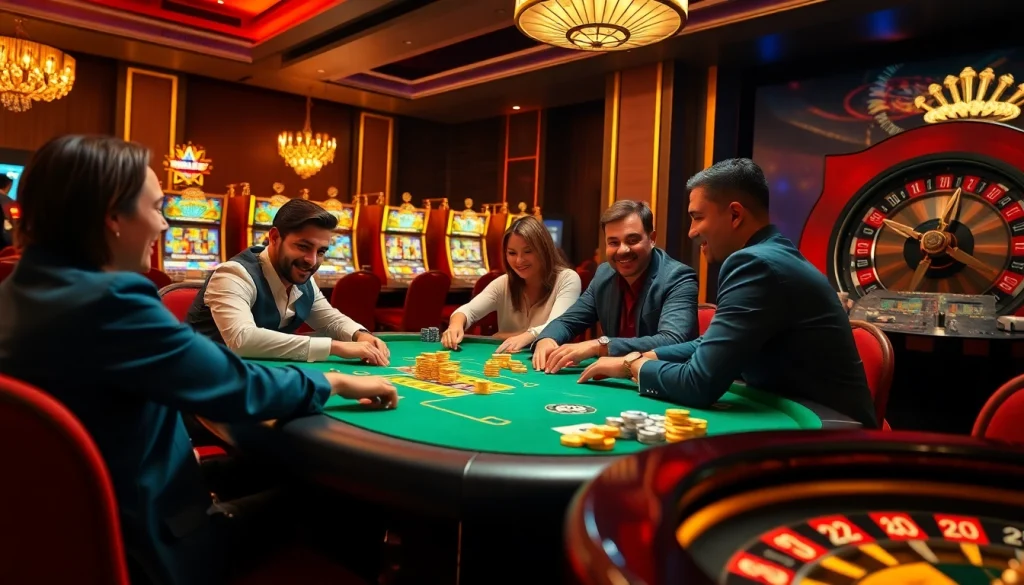 Nhat vip players enjoying an exciting casino game at a vibrant gaming table with chips and slot machines.