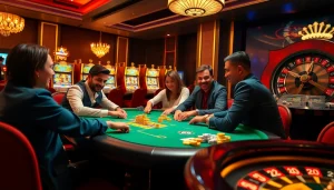 Nhat vip players enjoying an exciting casino game at a vibrant gaming table with chips and slot machines.