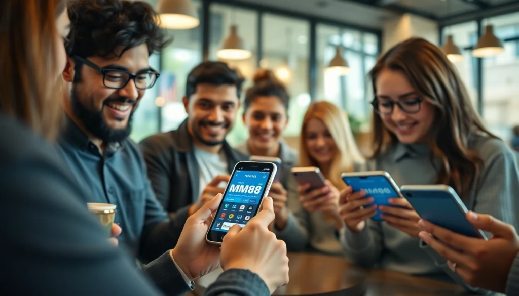 Individuals enjoying the MM88 platform in a trendy café setting, showcasing modern digital interaction.