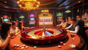 Experience the thrill of gambling at au88 with vibrant casino scenes featuring roulette and slot machines.