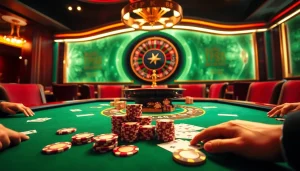 Experience KP88 poker excitement with luxurious chips and cards at a vibrant casino table.