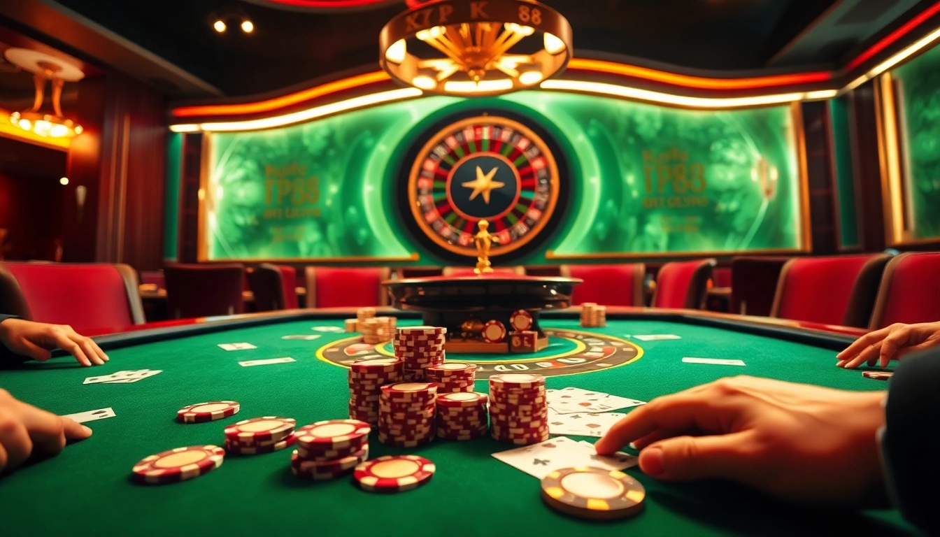 Experience KP88 poker excitement with luxurious chips and cards at a vibrant casino table.