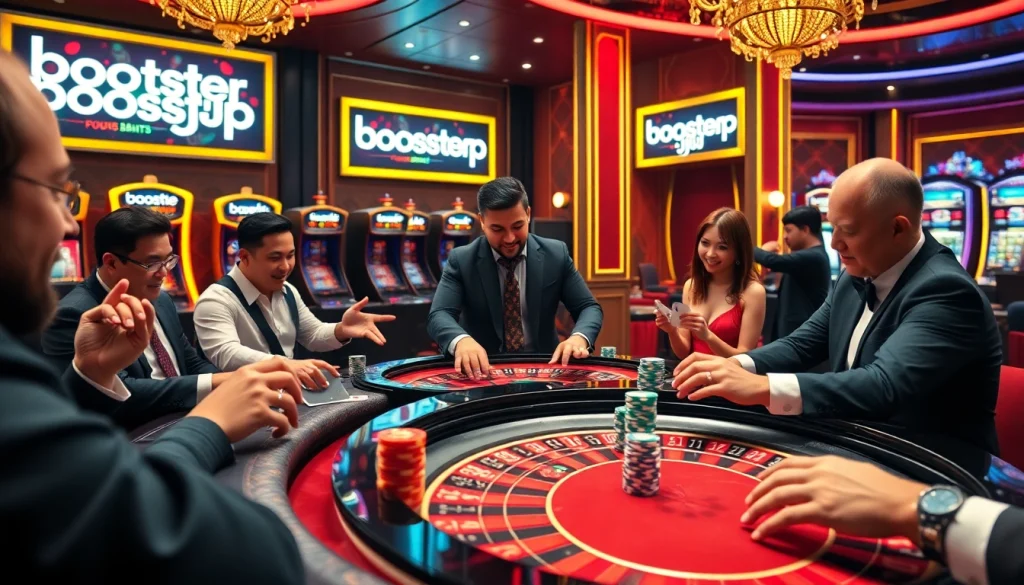 Players celebrate a win at a roulette table, highlighting boosterjp excitement in a luxurious casino setup.